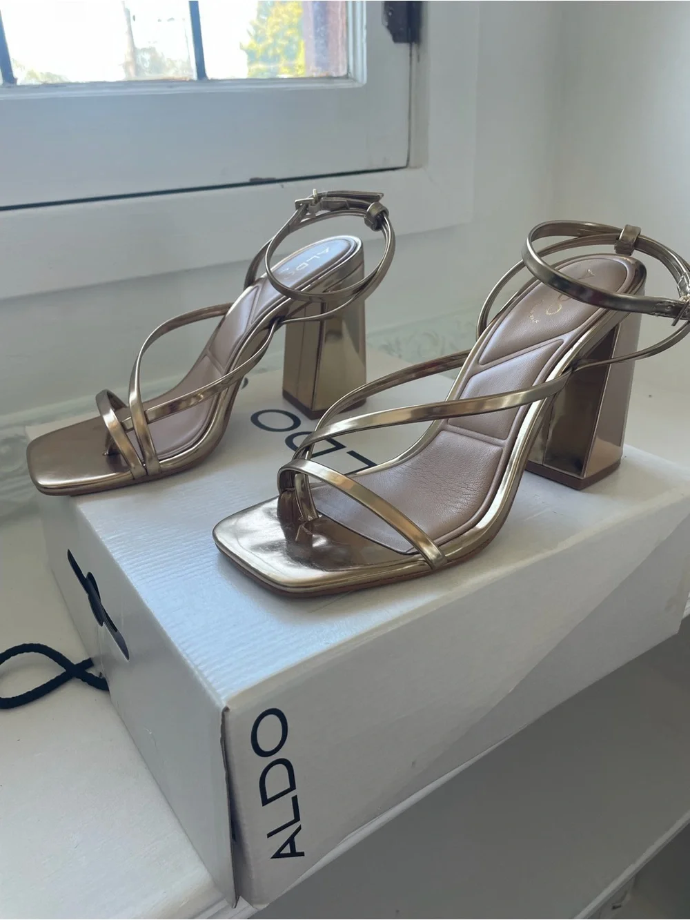 ALDO Gold Metallic Strappy Block Heel Sandals